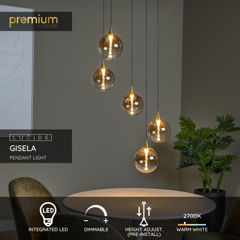 Lucide GISELA - Závesné svietidlo - Ø 48 cm - LED Rozm. - 5x3,8W 2700K - Jantárová